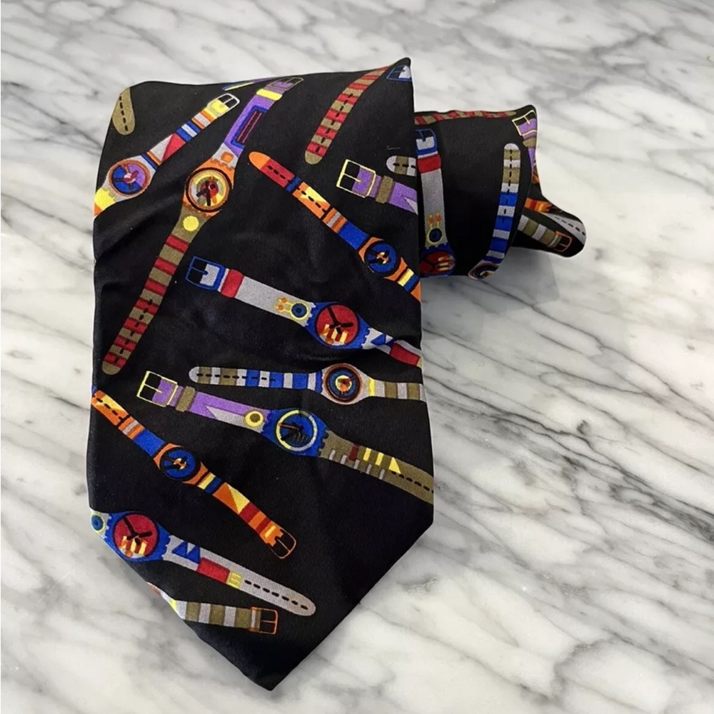 Pierre Balmain Swatch Wrist Watch Silk Mens Tie Black Red Orange Vintage 80s